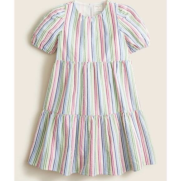 Crewcuts Girls Puff Sleeve Dress Rainbow Seersucker Size 5 Sun A Line Tiered - Picture 1 of 6